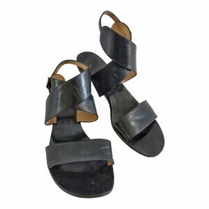 ANNE KLEIN Black Leather Ankle Wrap Sandals Size 7.5 Designer Thick Strap Flats